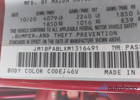 2021 Mazda Mazda3 Select z USA, uszkodzony, nr VIN JM1BPABLXM1316491